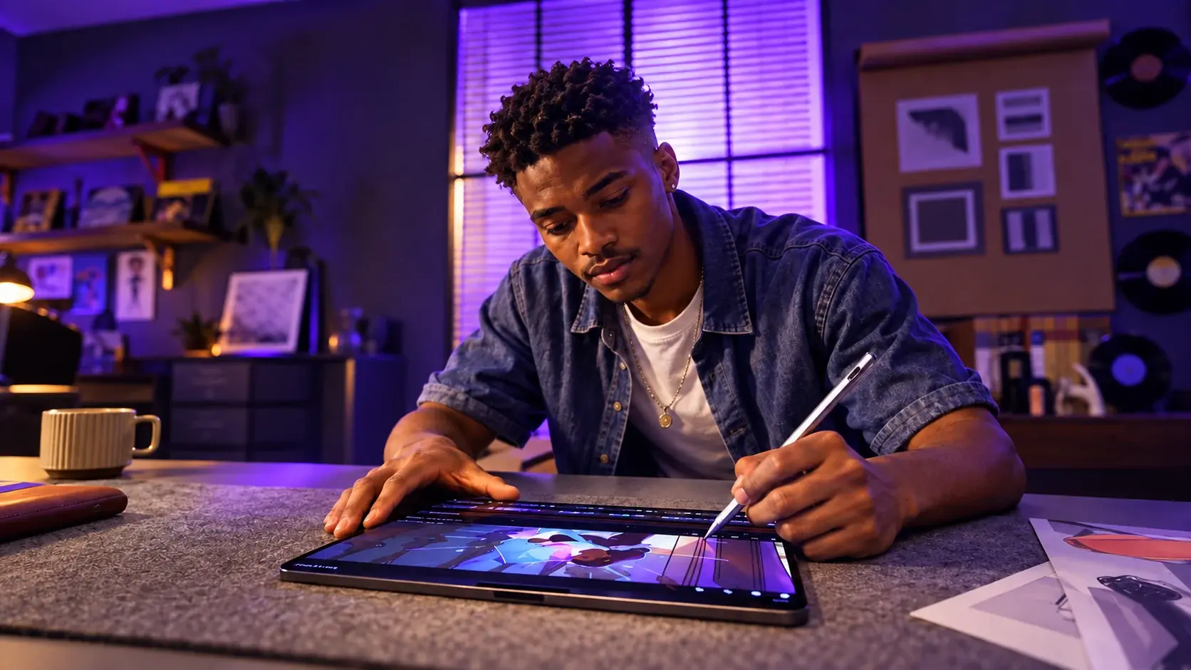A designer drawing on a tablet with a stylus at a studio desk